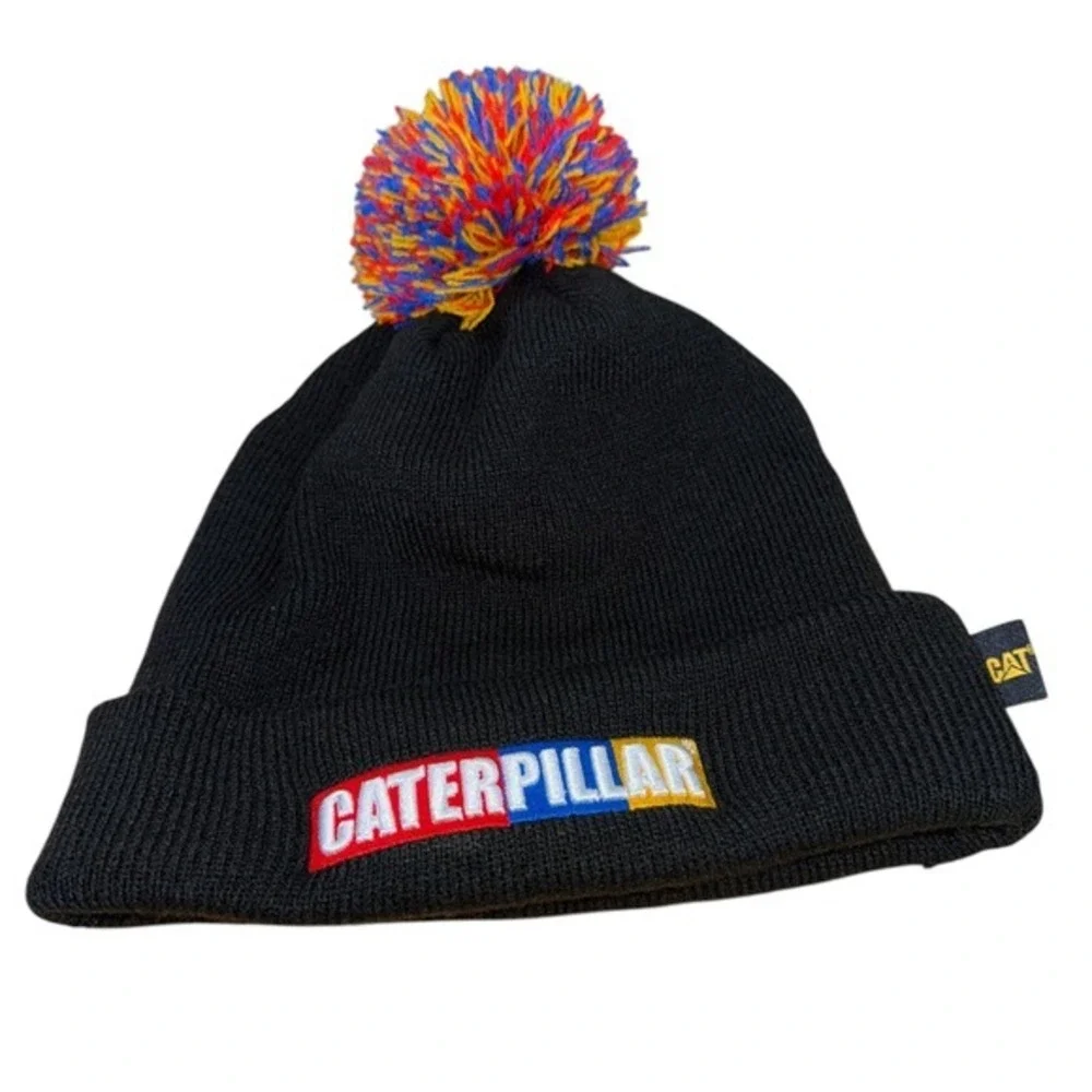 Caterpillar CAT Unisex One‎ Size Pre-Owned Embroidered Black Beanie Hat Pom Pom